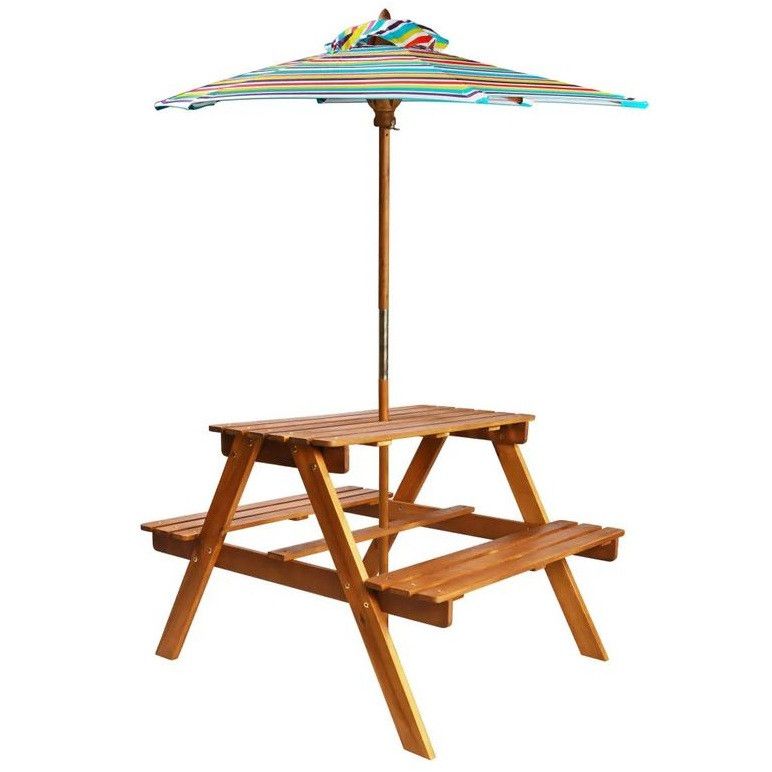Table pique-nique enfant avec parasol acacia massif foncé Musa - Photo n°1