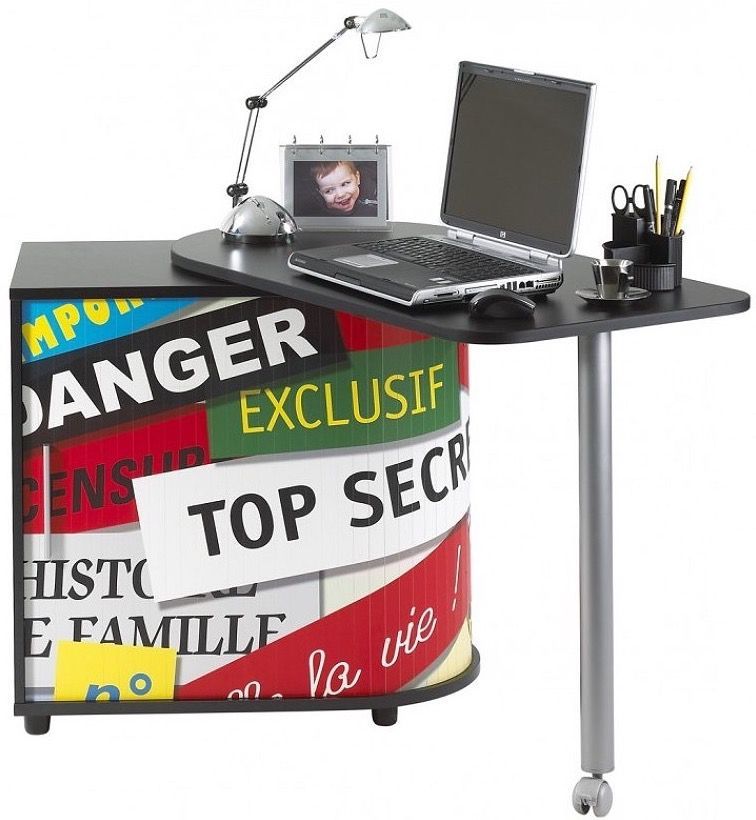 Bureau avec plateau pivotant et rangement noir imprimé Top secret Kool 105 cm - Photo n°1