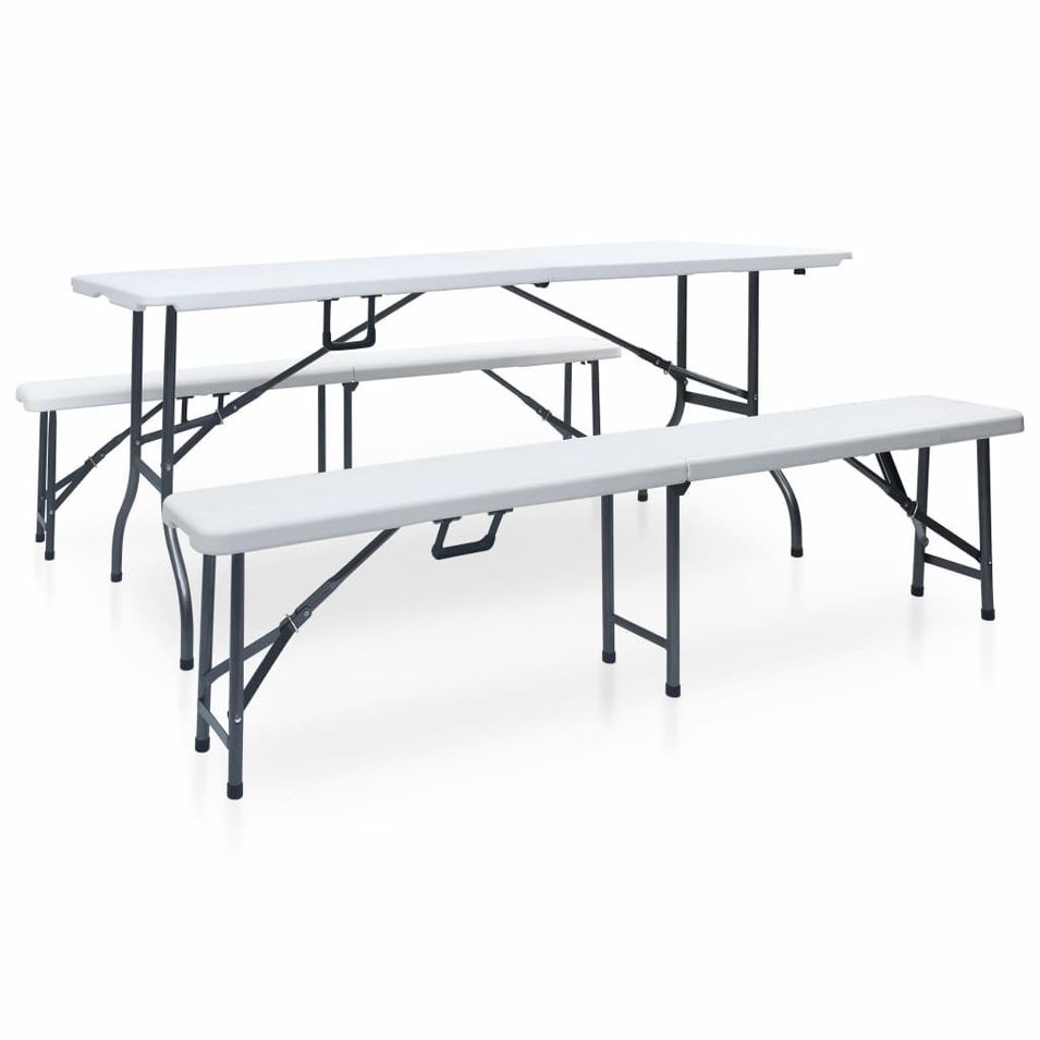 Table pliable de jardin avec 2 bancs 180 cm Acier et PEHD Blanc - Photo n°1