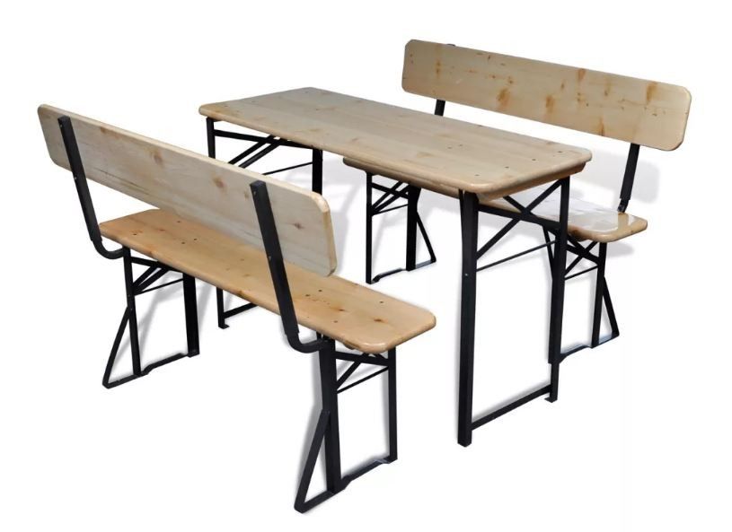 Table rectangulaire et 2 bancs de jardin pin massif clair Stylies 118 - Photo n°1