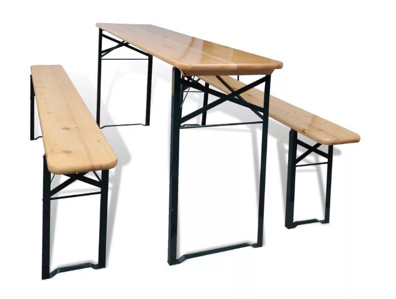 Table rectangulaire et 2 bancs de jardin pin massif clair Stylies - Photo n°1