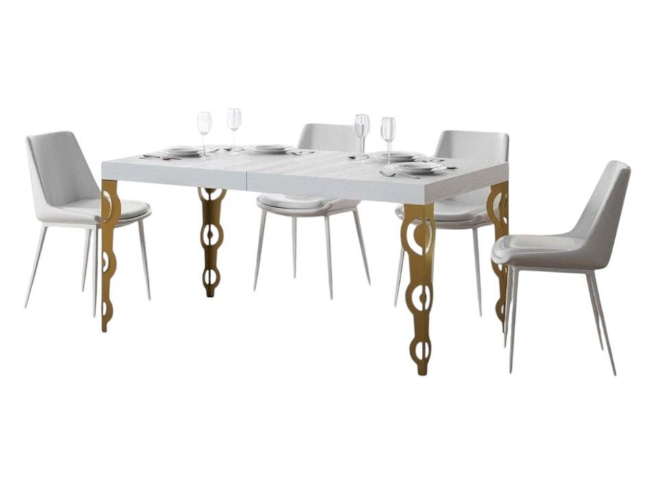 Table rectangulaire extensible orientale 6 à 10 personnes L 130 à 234 cm frêne blanc et pieds métal doré Kazay - Photo n°1