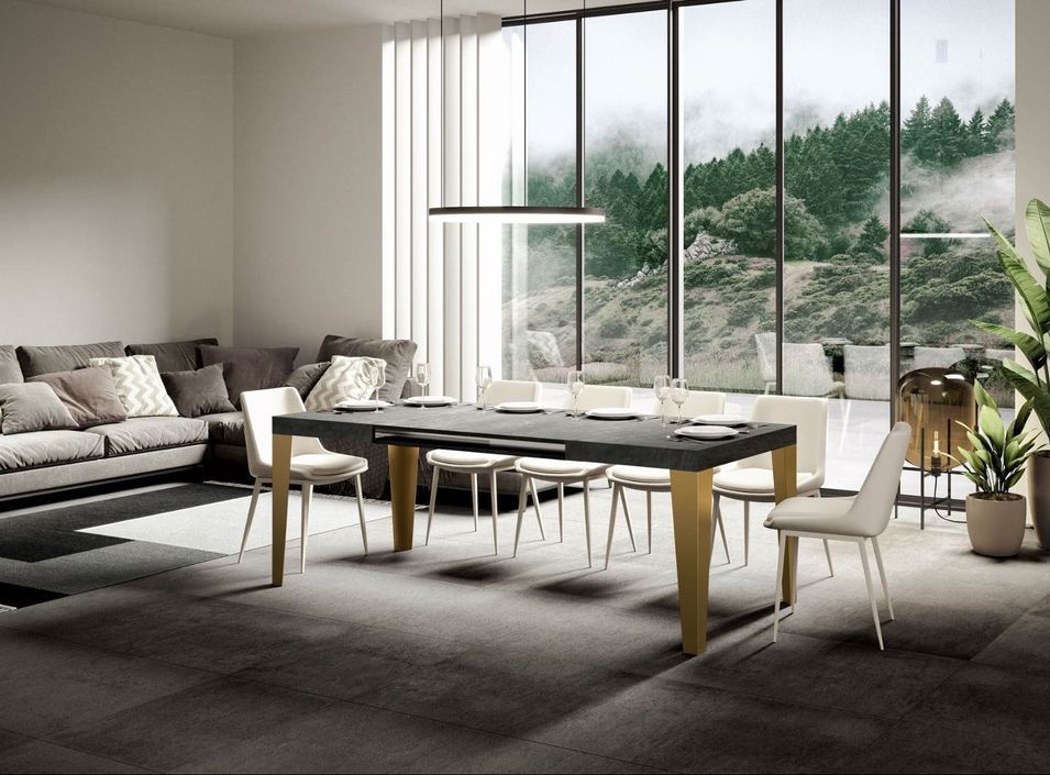 Table rectangulaire extensible 6 à 14 personnes L 180 à 284 cm gris béton et pieds métal doré Faye - Photo n°1