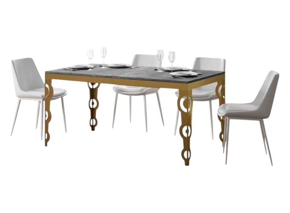 Table rectangulaire extensible 6 à 16 personnes L 120 à 380 cm gris béton et cadre métal doré Kazay - Photo n°1