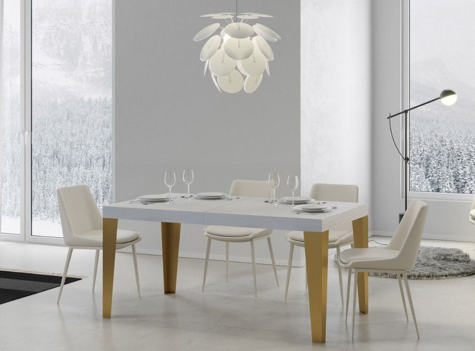 Table rectangulaire extensible 6 à 18 personnes L 130 à 390 cm frêne blanc et pieds métal doré Faye - Photo n°1