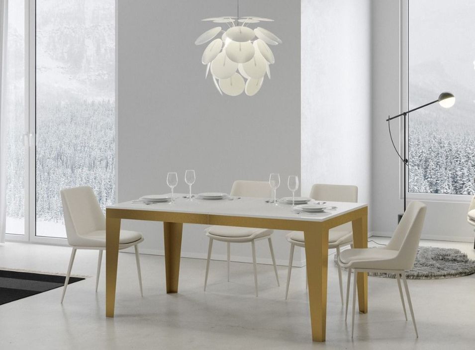 Table rectangulaire extensible 6 à 20 personnes L 180 à 440 cm blanc brillant et cadre métal doré Faye - Photo n°1