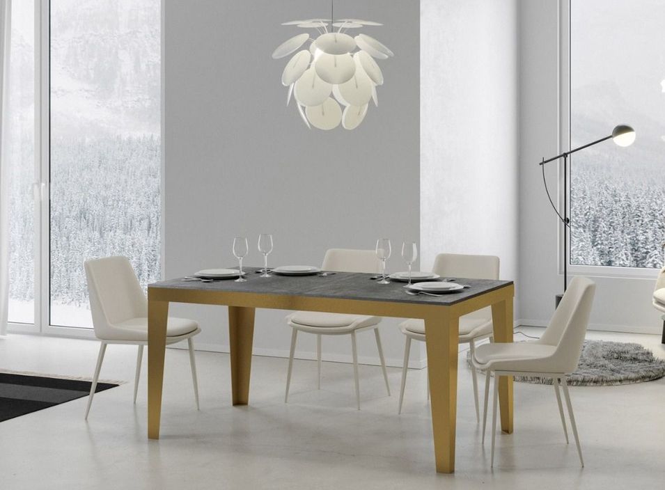Table rectangulaire extensible 6 à 20 personnes L 180 à 440 cm gris béton et cadre métal doré Faye - Photo n°1