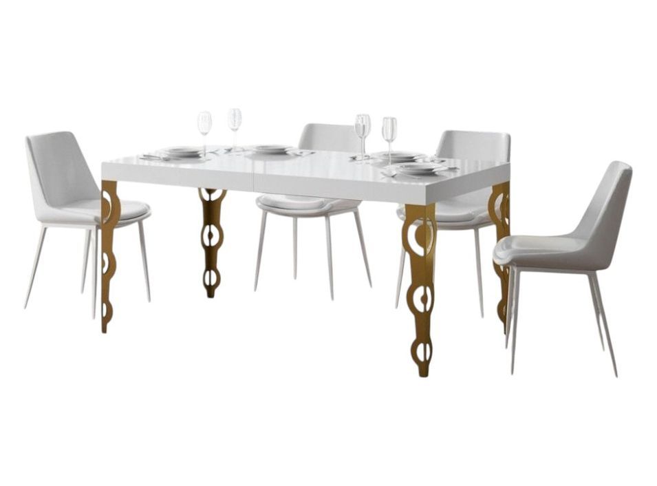Table rectangulaire extensible orientale 6 à 10 personnes L 160 à 264 cm blanc brillant et métal doré Kazay - Photo n°1