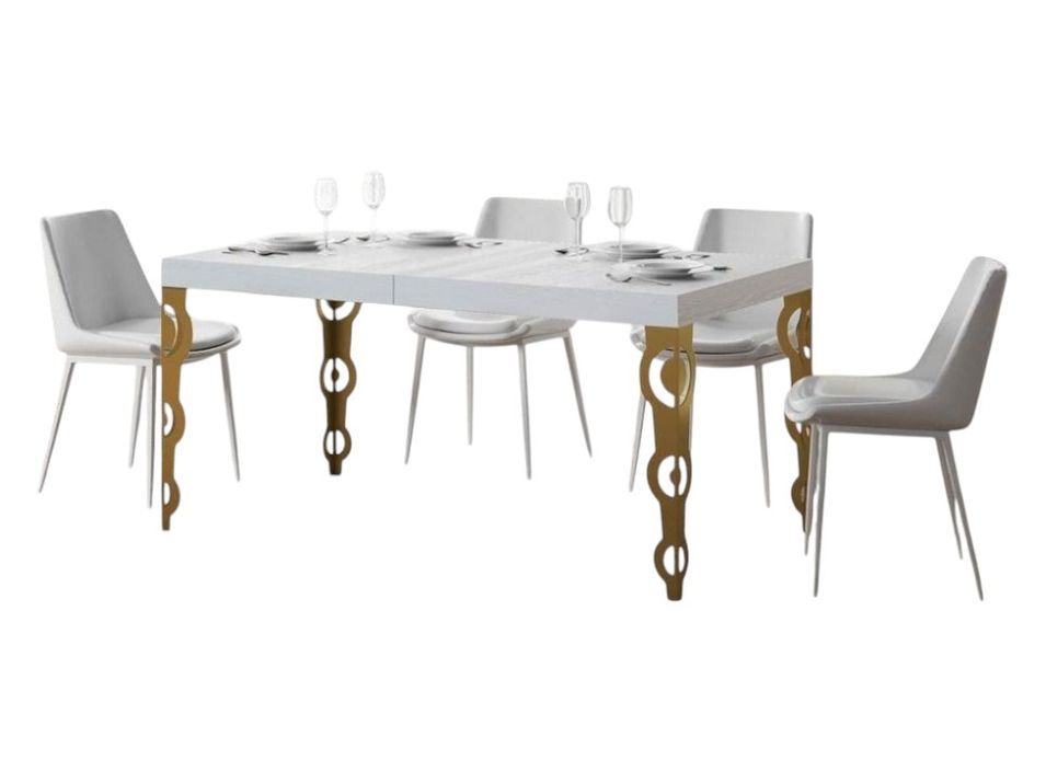 Table rectangulaire extensible orientale 6 à 10 personnes L 160 à 264 cm frêne blanc et pieds métal doré Kazay - Photo n°1