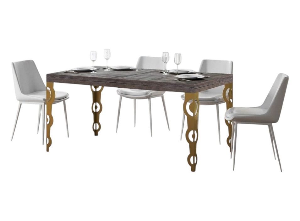 Table rectangulaire extensible orientale 6 à 14 personnes L 180 à 284 cm bois foncé et pieds métal doré Kazay - Photo n°1