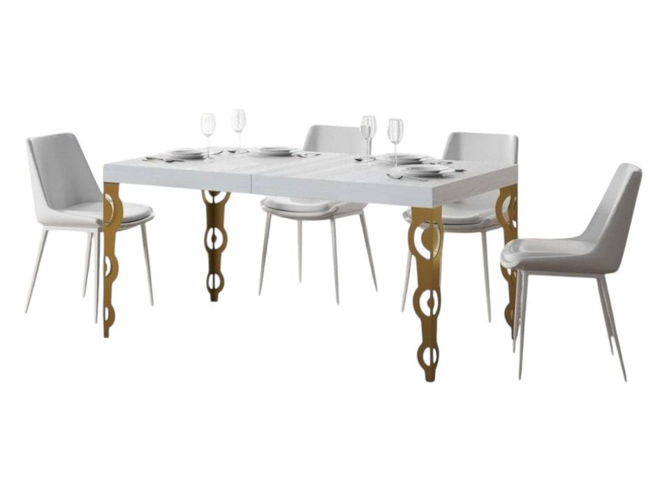 Table rectangulaire extensible orientale 6 à 14 personnes L 180 à 284 cm frêne blanc et pieds métal doré Kazay - Photo n°1