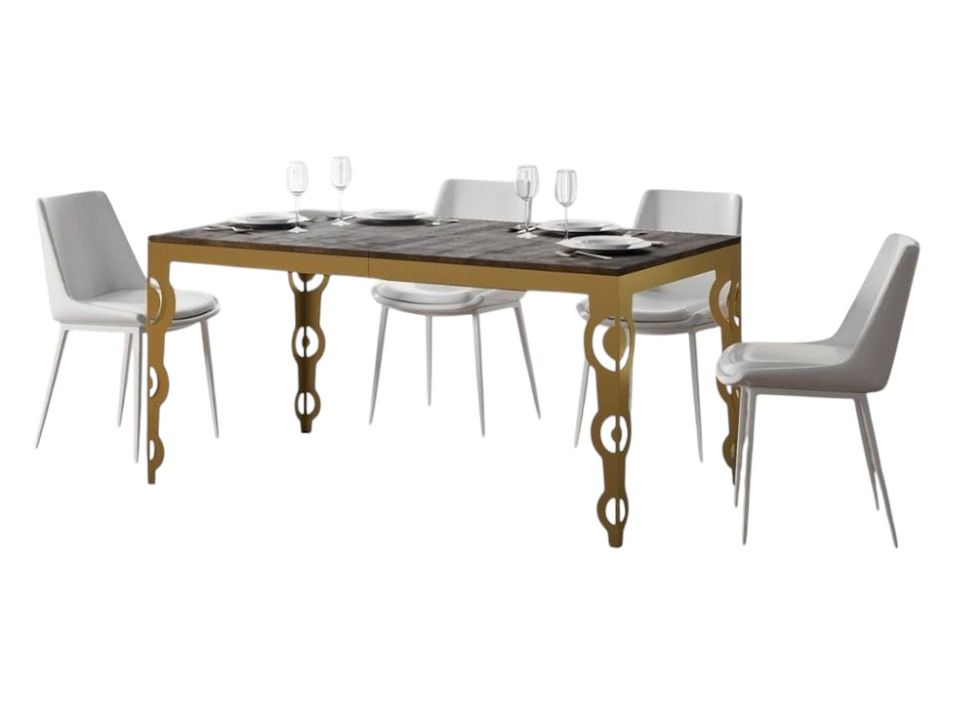 Table rectangulaire extensible orientale 6 à 16 personnes L 120 à 380 cm bois foncé et cadre métal doré Kazay - Photo n°1