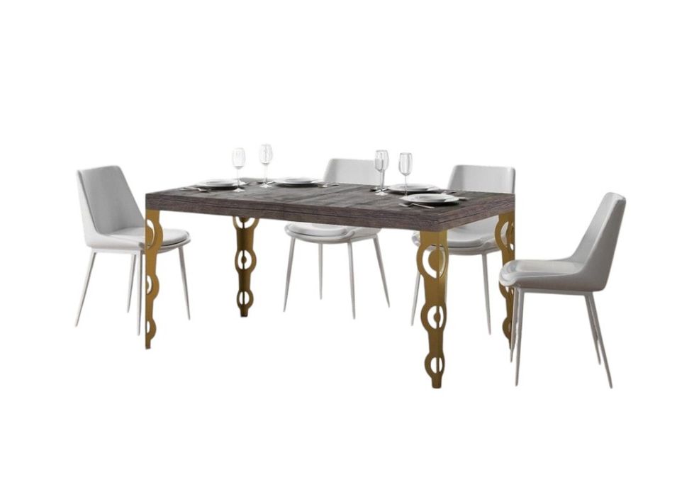 Table rectangulaire extensible orientale 6 à 18 personnes L 130 à 390 cm bois foncé et pieds métal doré Kazay - Photo n°1