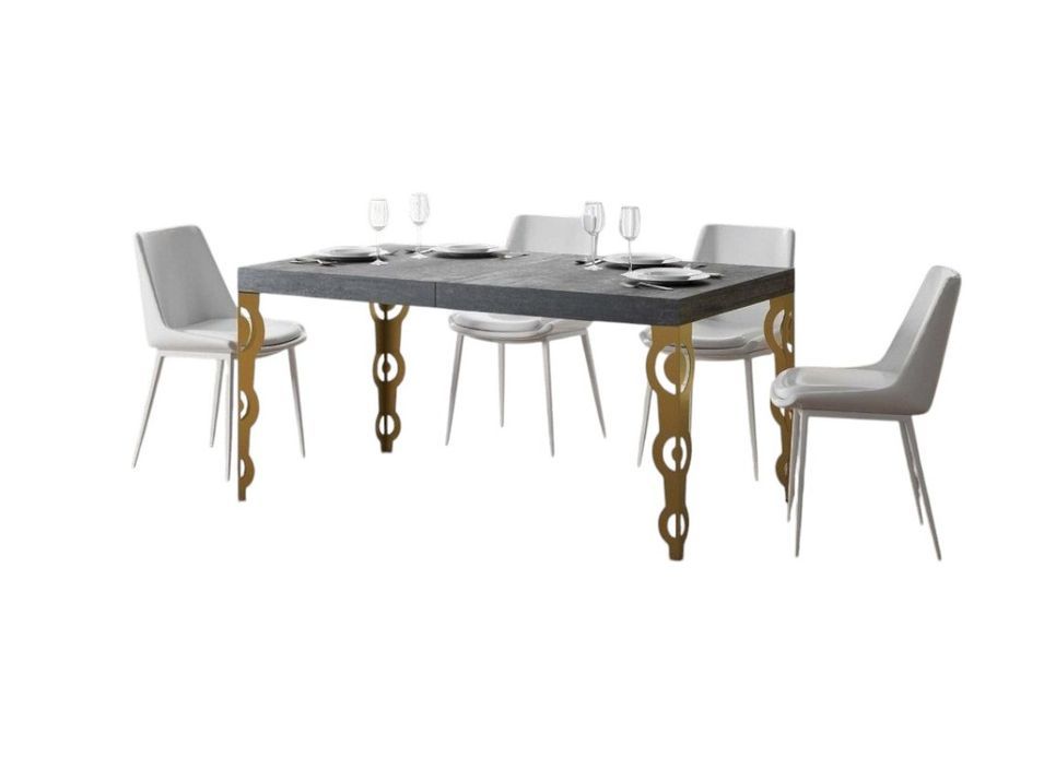 Table rectangulaire extensible orientale 6 à 18 personnes L 130 à 390 cm gris béton et pieds métal doré Kazay - Photo n°1