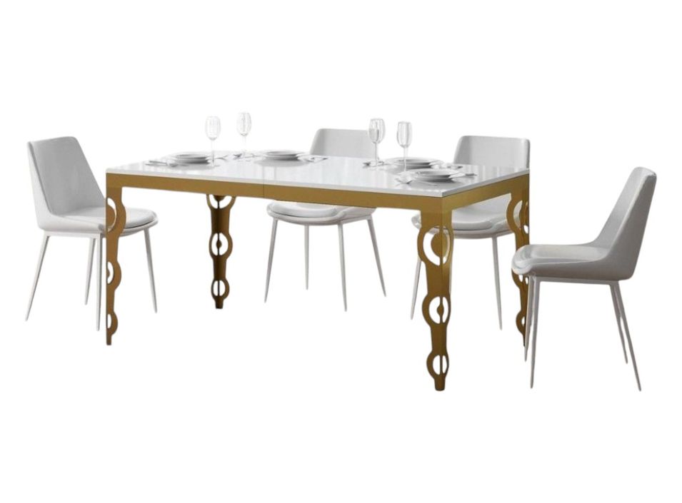 Table rectangulaire extensible orientale 6 à 20 personnes L 160 à 420 cm blanc brillant et cadre métal doré Kazay - Photo n°1