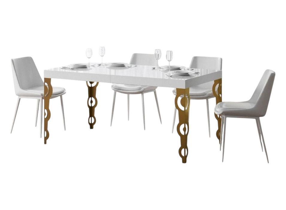 Table rectangulaire extensible orientale 6 à 20 personnes L 160 à 420 cm blanc brillant et pieds métal doré Kazay - Photo n°1
