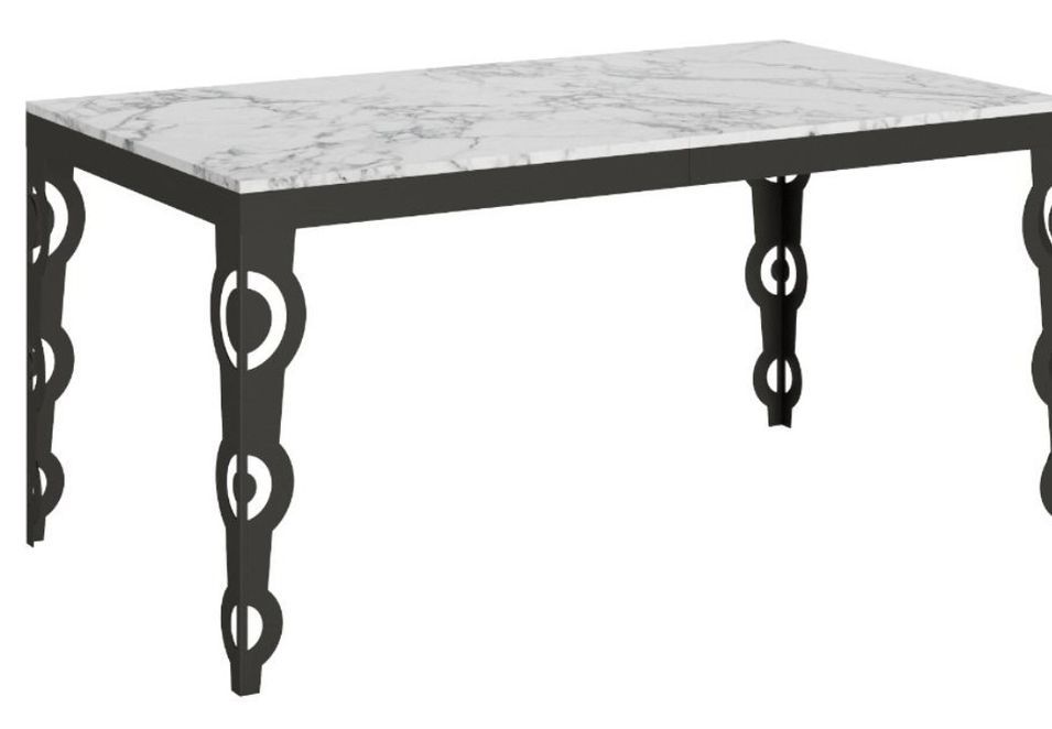 Table rectangulaire extensible orientale 6 à 20 personnes L 160 à 420 cm blanc effet marbre et cadre métal anthracite Zakary - Photo n°1