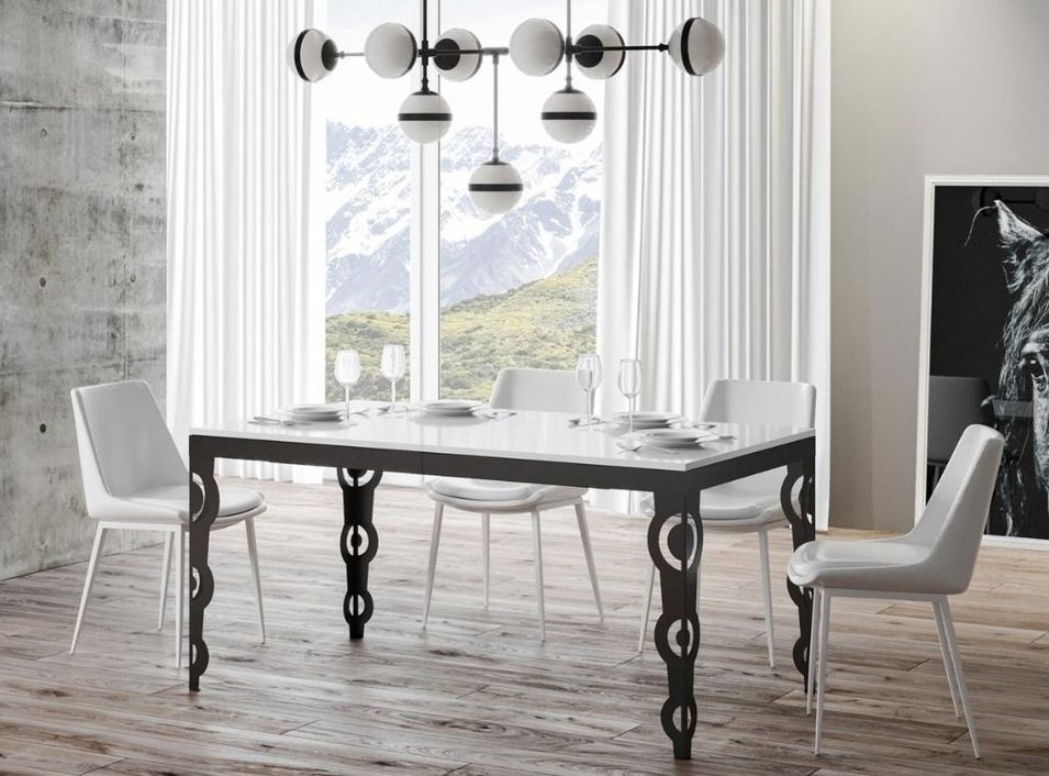 Table rectangulaire extensible orientale 6 à 20 personnes L 160 à 420 cm blanc laqué et cadre métal anthracite Zakary - Photo n°1