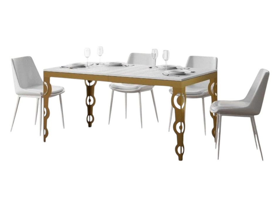 Table rectangulaire extensible orientale 6 à 20 personnes L 160 à 420 cm frêne blanc et cadre métal doré Kazay - Photo n°1
