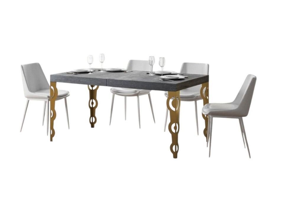 Table rectangulaire extensible orientale 6 à 20 personnes L 160 à 420 cm gris béton et pieds métal doré Kazay - Photo n°1