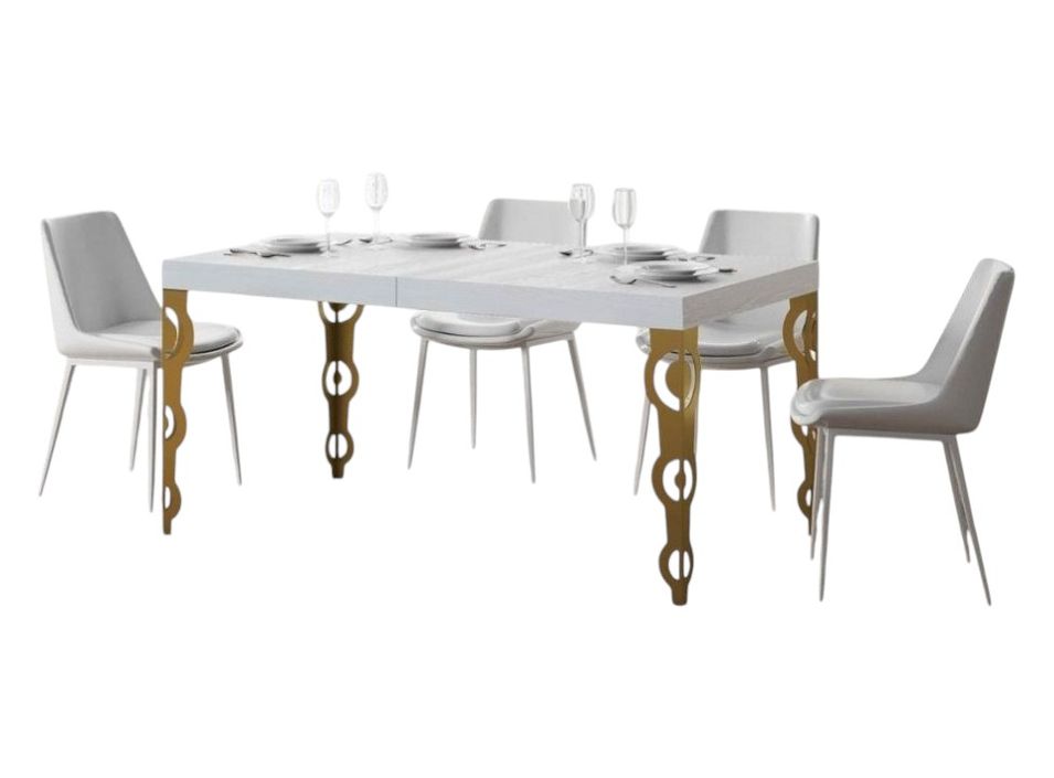 Table rectangulaire extensible orientale 6 à 20 personnes L 180 à 440 cm blanc et pieds métal doré Kazay - Photo n°1