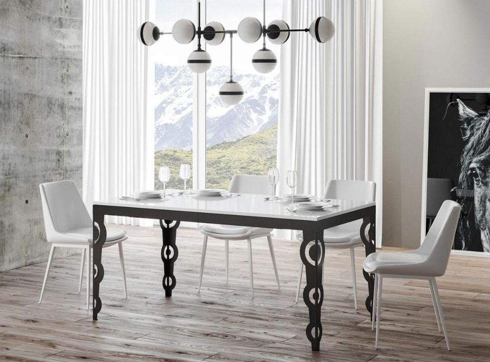 Table rectangulaire extensible orientale 6 à 20 personnes L 180 à 440 cm blanc laqué et cadre métal anthracite Zakary - Photo n°1