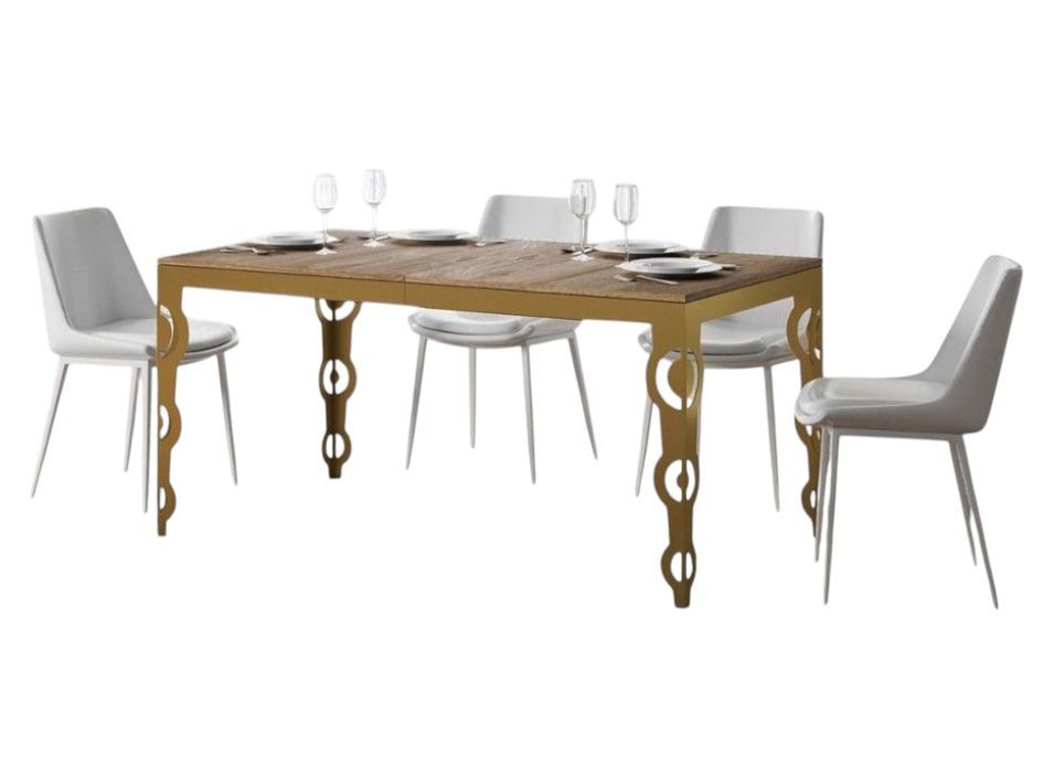 Table rectangulaire extensible orientale 6 à 20 personnes L 180 à 440 cm bois clair et cadre métal doré Kazay - Photo n°1