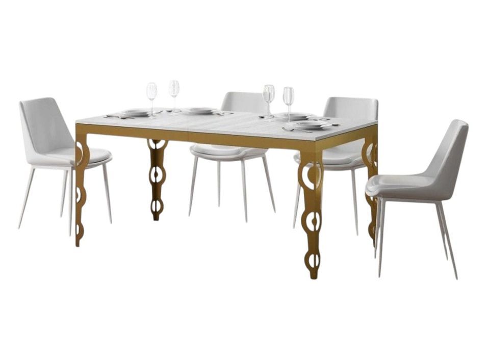 Table rectangulaire extensible orientale 6 à 20 personnes L 180 à 440 cm frêne blanc et cadre métal doré Kazay - Photo n°1