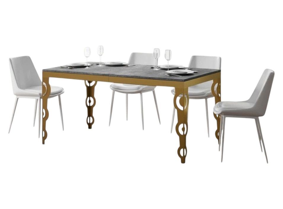 Table rectangulaire extensible orientale 6 à 20 personnes L 180 à 440 cm gris béton et cadre métal doré Kazay - Photo n°1