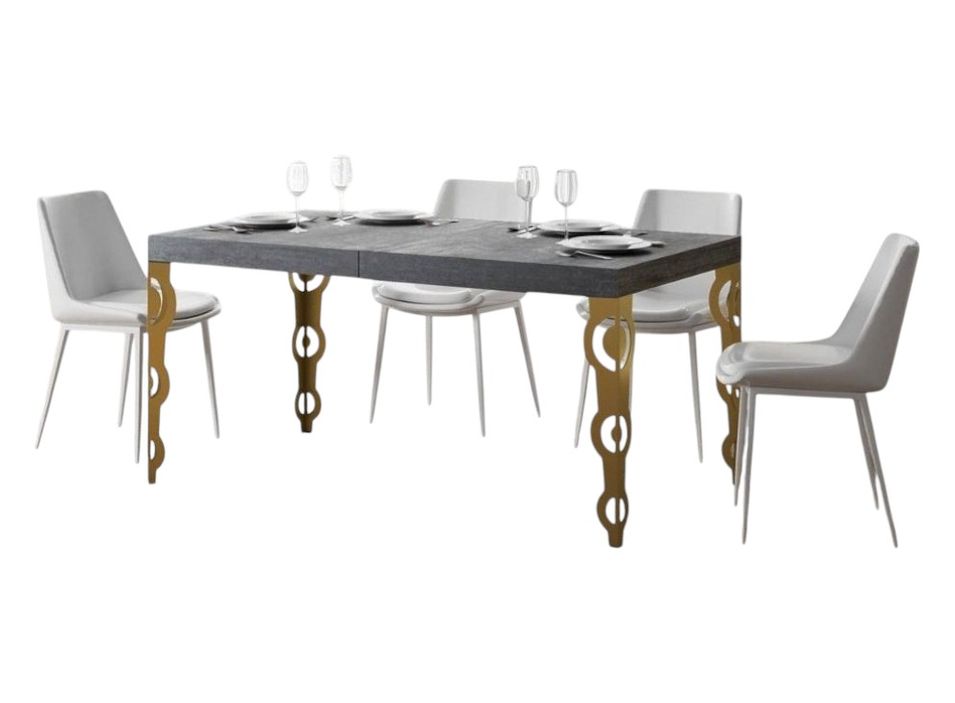 Table rectangulaire extensible orientale 6 à 20 personnes L 180 à 440 cm gris béton et pieds métal doré Kazay - Photo n°1
