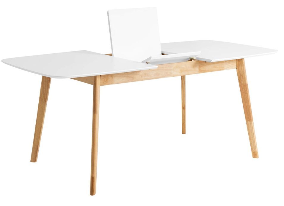 Table rectangulaire extensible scandinave blanc brillant et pieds bois clair Askin 140 à 180 cm - Photo n°1