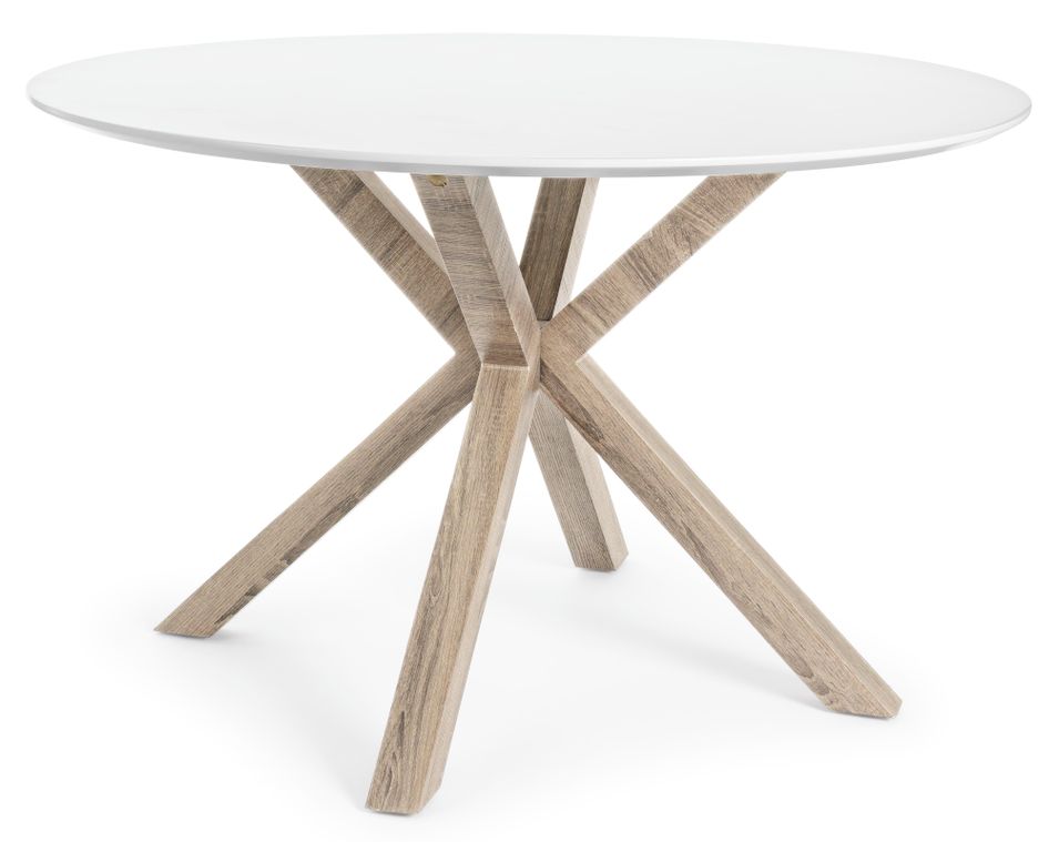 Table ronde bois laqué blanc et pieds bois effet naturel Kinka 120 cm - Photo n°1