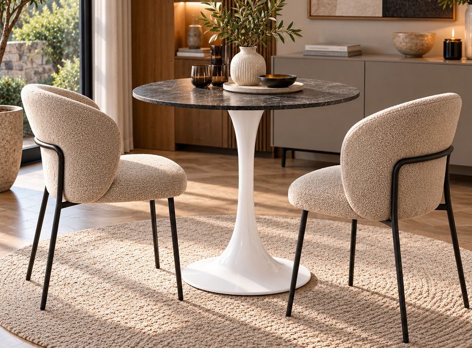 Table ronde effet granite gris et pied blanc TULIPA - Ø80 cm - Photo n°1