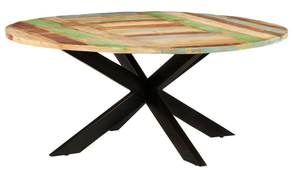 Table ronde industrielle 175x75 cm bois recyclé massif et métal noir Vosa - Photo n°1