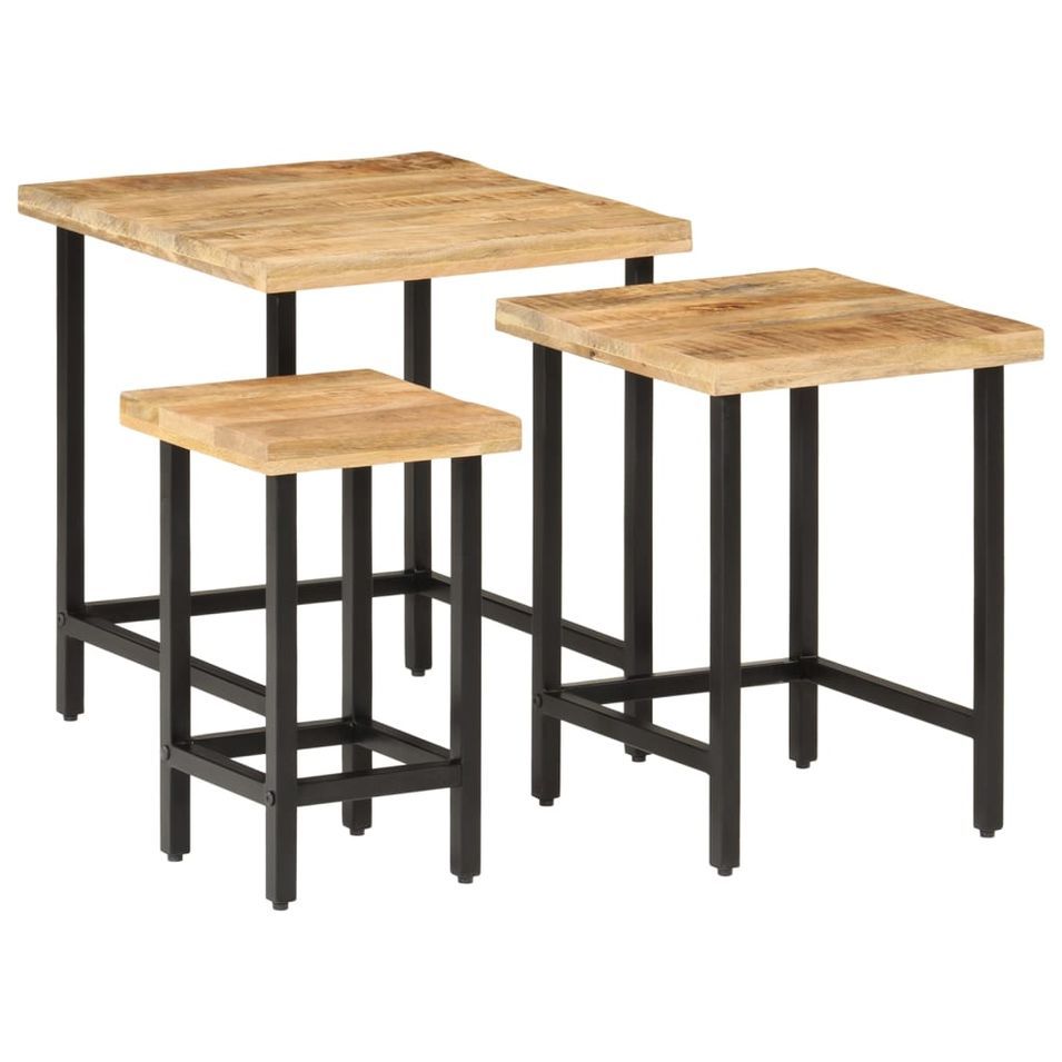 Tables basses gigognes 3pcs bois de manguier massif brut et fer - Photo n°1