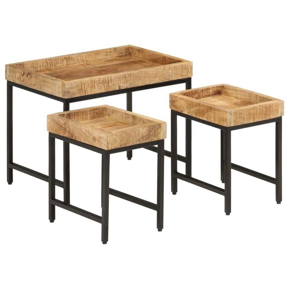 Tables basses gigognes 3pcs bois de manguier massif brut et fer - Photo n°1