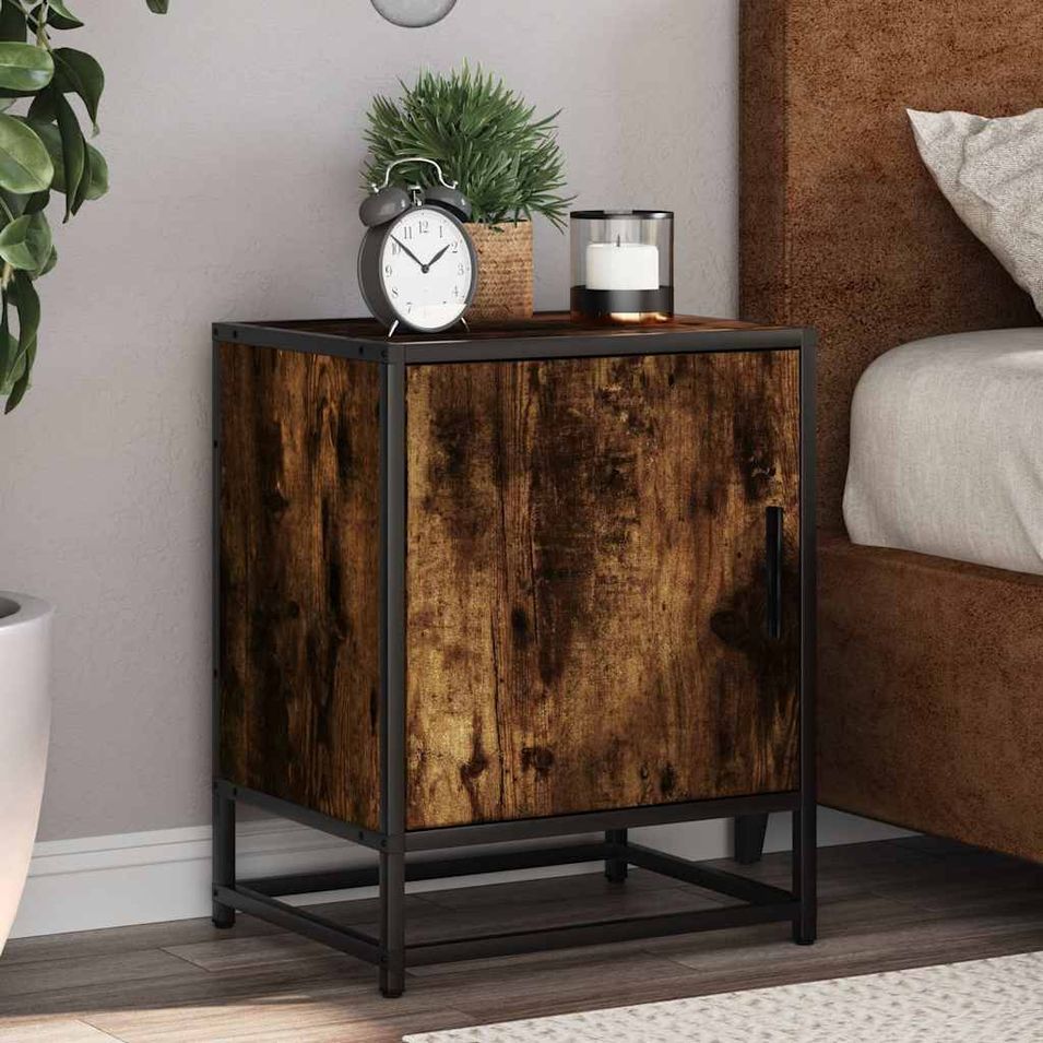 Tables de chevet 2 pcs chêne fumé bois d'ingénierie et métal - Photo n°1