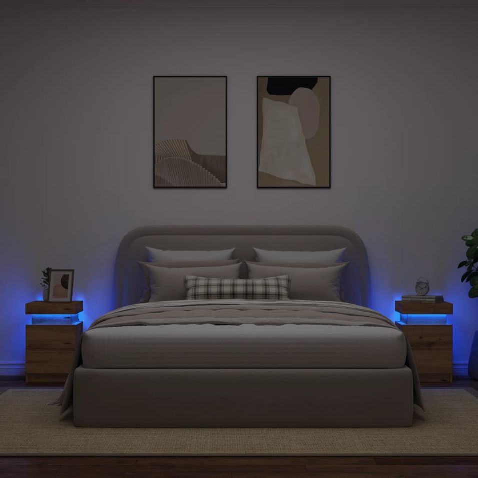 Tables de chevet avec LED 2 pcs chêne artisanal bois ingénierie - Photo n°1