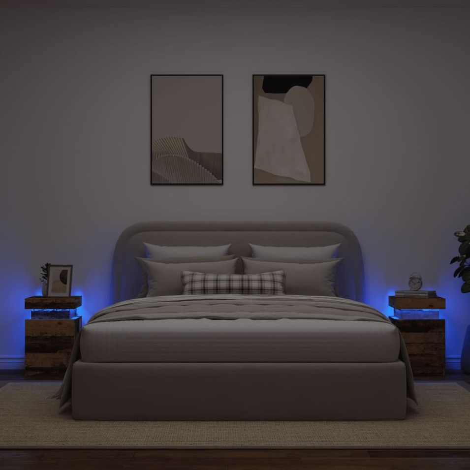 Tables de chevet avec LED 2 pcs vieux bois bois d'ingénierie - Photo n°1