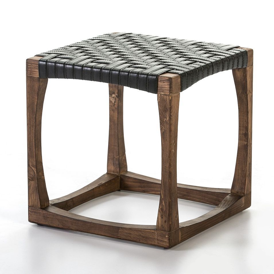 Tabouret bas bois massif foncé et assise cuir Feriu - Photo n°1