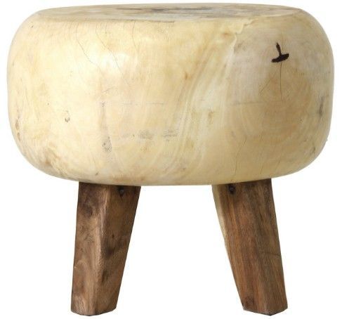 Tabouret bas ethnique bois de suar massif clair et beige Mathia - Photo n°1