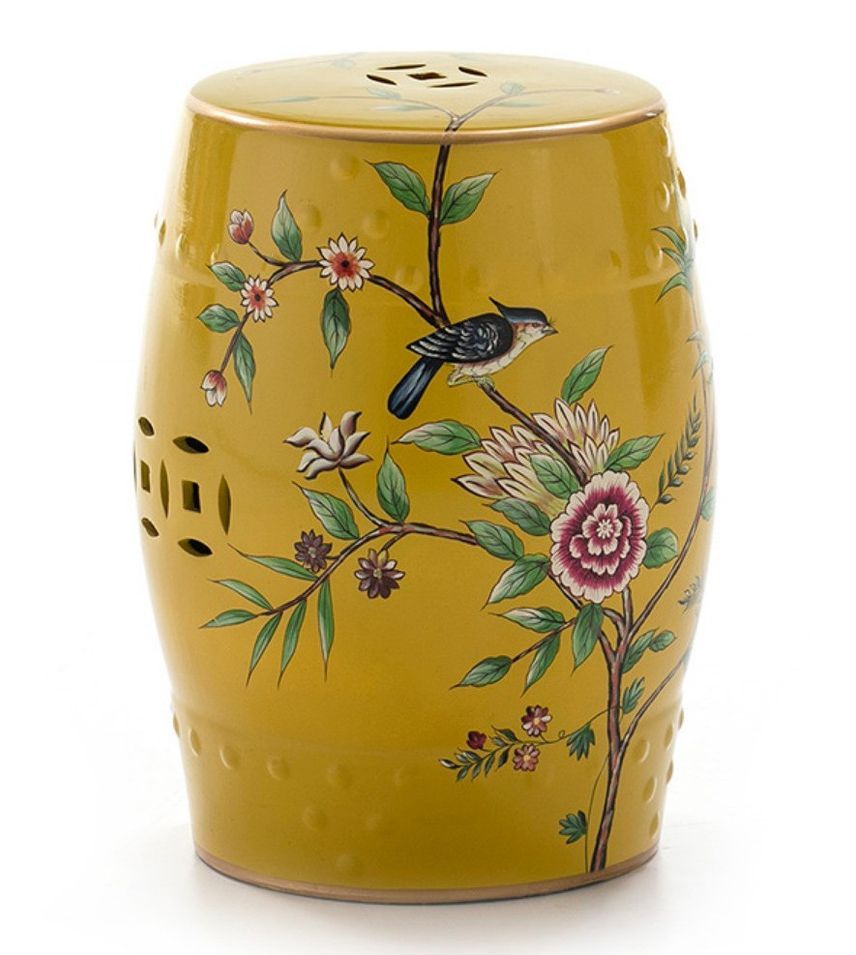 Tabouret bas oriental jaune motifs fleurs - Photo n°1
