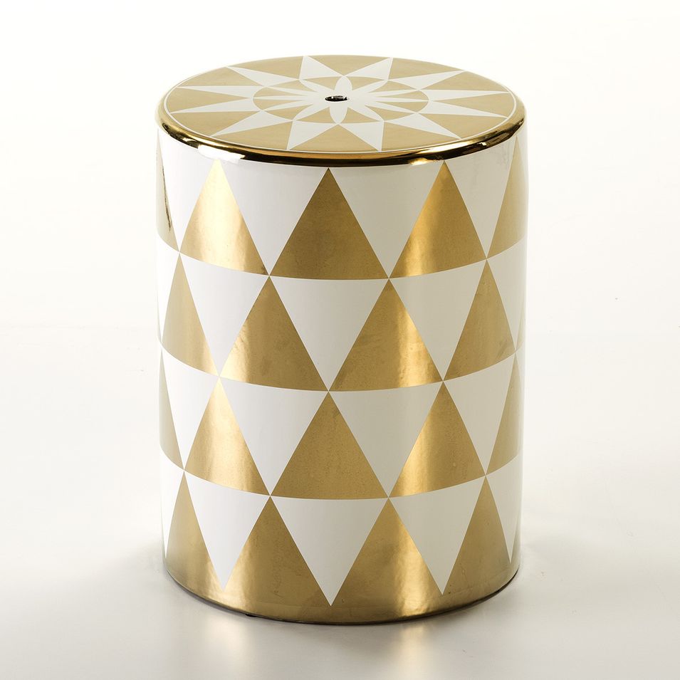 Tabouret bas rond céramique motif frise blanc e doré Jaizy - Photo n°1