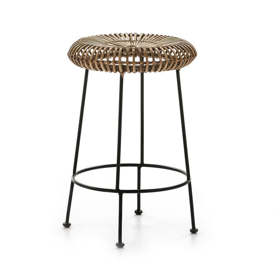 Tabouret bas rond osier naturel et métal noir Gael - Photo n°1