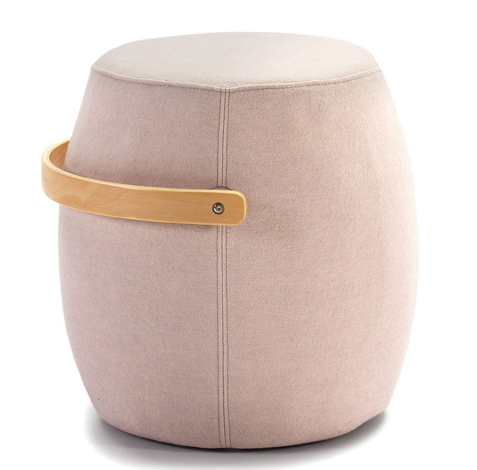 Tabouret bas rond tissu beige avec sangle en bois clair - Photo n°1