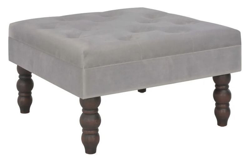 Pouf carré velours gris et pieds bois massif foncé Holow - Photo n°1