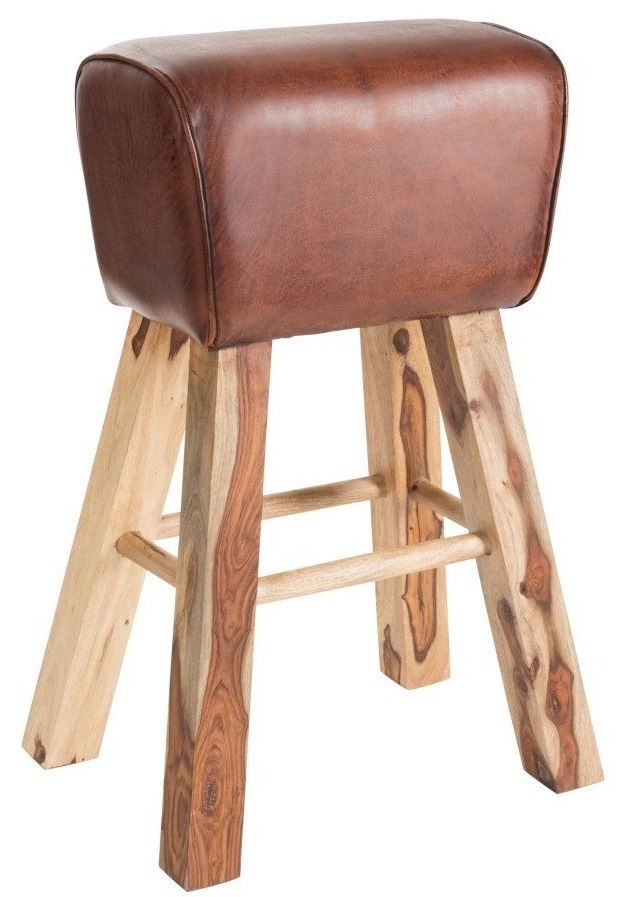 Tabouret cuir marron et manguier massif clair Verde H 75 cm - Photo n°1