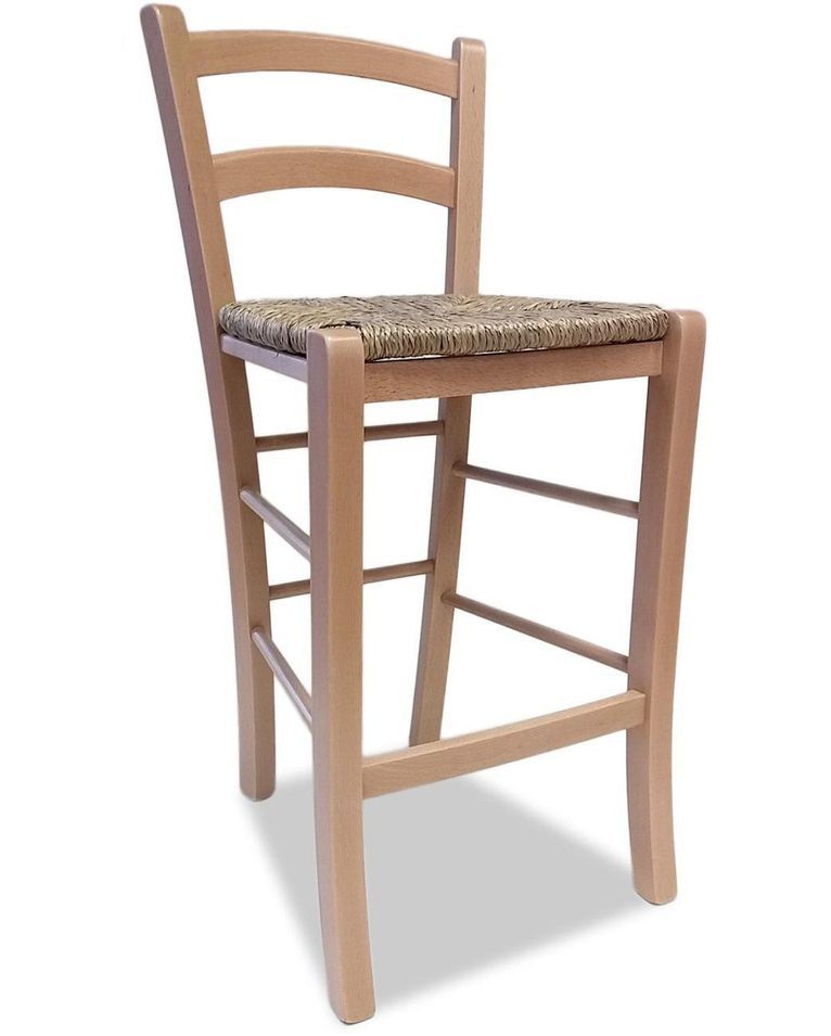 Tabouret de bar bois massif clair assise en paille Lausane - Photo n°1