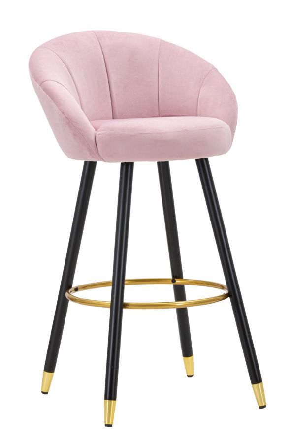 Tabouret de bar rose velours pieds bois Prague - Photo n°1