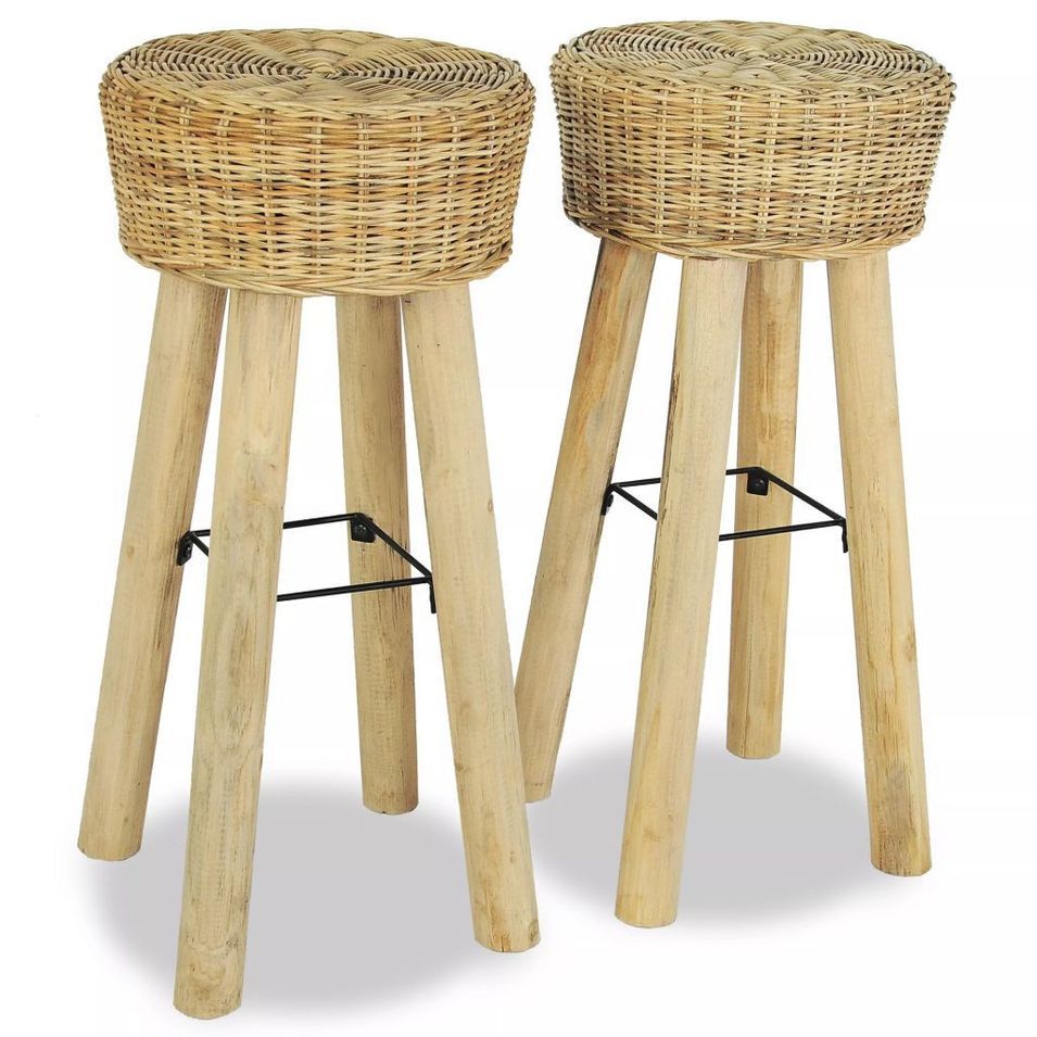 Tabouret de bar rotin naturel et teck massif clair Palibe - Lot de 2 - Photo n°1
